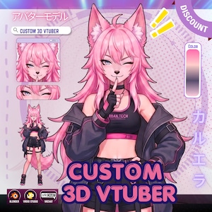 May include: A custom 3D VTuber avatar model featuring a character with pink hair, fox-like ears, and a tail. The character wears a black crop top with the text URBAN.TECH, a dark jacket, and shorts. Includes text labels CUSTOM 3D VTUBER and DISCOUNT.