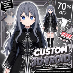 May include: A custom 3D VRoid VTuber model featuring an anime-style character with long grey hair and blue eyes. The character wears a black coat with white floral embroidery, a high collar, and a silver ring detail. Text includes 70% OFF, FREE RIGGING, and CUSTOM 3D VROID.
