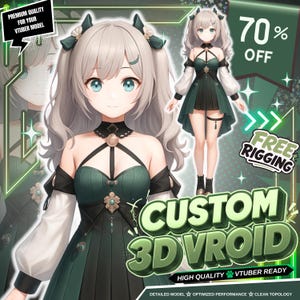 May include: A digital character model featuring a person with light gray hair in twin tails, wearing a dark green and black dress with white sleeves. Text includes "PREMIUM QUALITY FOR YOUR VTUBER MODEL", "70% OFF", "FREE RIGGING", and "CUSTOM 3D VROID".