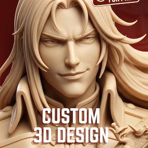 Puede incluir: Un busto beige impreso en 3D de un personaje con cabello largo y una sonrisa, vistiendo una chaqueta de cuello alto con detalles de cuerda. La imagen presenta el texto READY FOR PRINT y CUSTOM 3D DESIGN en letras blancas sobre fondo rojo.