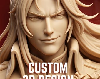 May include: A beige 3D printed bust of a character with long hair and a smirk, wearing a high-collared jacket with rope detailing. The image features the text READY FOR PRINT and CUSTOM 3D DESIGN in white lettering against a dark red background.