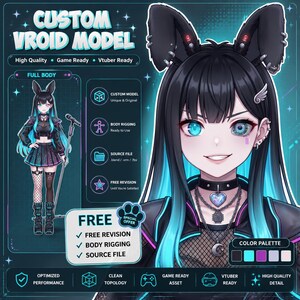 Op de afbeelding: Een digitale illustratie van een aangepast VRoid-model met een anime-stijl personage met zwart haar, blauwgroene highlights en dierenoren. Het personage draagt een zwarte outfit met een hartvormige ketting en een choker.