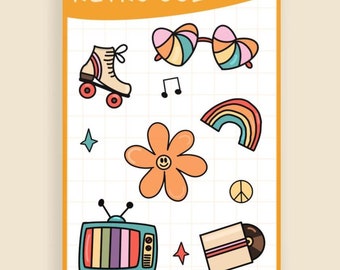 Può includere: Un foglio di adesivi con un tema retrò. Gli adesivi presentano un arcobaleno, un fiore con un viso sorridente, un segno di pace, un disco, una televisione, pattini a rotelle e occhiali da sole.