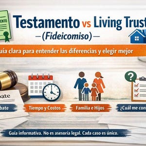 May include: An infographic comparing a will and a living trust. The image features a gavel, calendar, clock, family illustration, and checklist. Text includes "Probate", "Time and Costs", and "Family and Children".