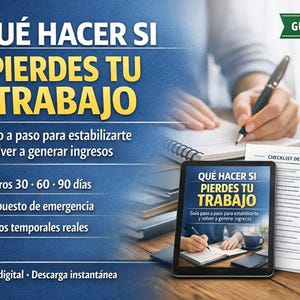May include: Image of a digital guide titled "QUÉ HACER SI PIERDES TU TRABAJO" (What to do if you lose your job). The guide is on a tablet and a printed page. The image includes text: "Guía paso a paso para estabilizarte y volver a generar ingresos."