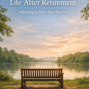 May include: A book cover with the title "Life After Retirement" and the subtitle "Adjusting to Your New Routine" is set against a serene landscape. A wooden bench sits in front of a lake, with trees and a sunset in the background.
