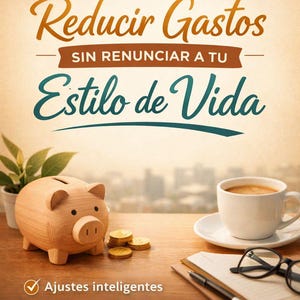 May include: An image promoting financial advice, featuring a wooden piggy bank, gold coins, a coffee cup, and text in Spanish: "Reduce Expenses Without Giving Up Your Lifestyle."