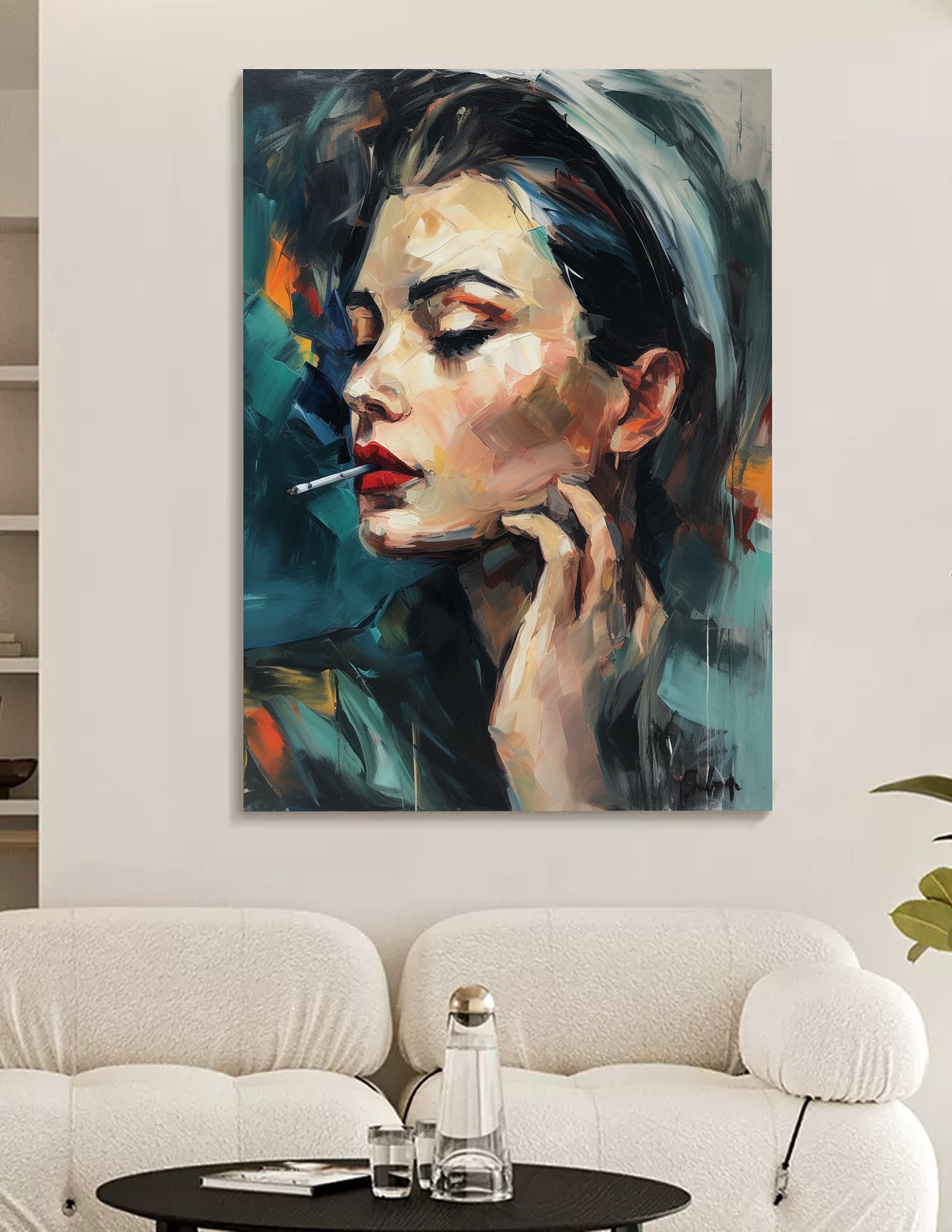 Vintage Woman Smoking a Cigarette Wall Art Vintage Woman Portrait Oil ...