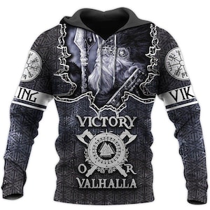 May include: Black and white hoodie featuring a Viking warrior design. The hoodie includes a Viking helmet, a sword, and the text "Victory or Valhalla".