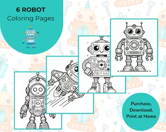 6 Robot Coloring Pages | Robot Coloring Book | Robot Birthday | Robot Printables | Robot Activities | Kids Coloring | Boys Coloring Book