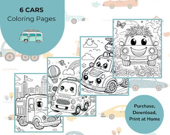 6 台の車のぬり絵 | 車のぬり絵の本 | 車の印刷可能 | かわいいぬり絵 | ホームスクールの印刷可能 | 車の誕生日 | ライトニング マックィーン