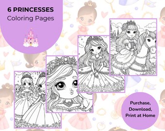 6 Princesses Coloring Pages | Cute Coloring Book | Printable Princesses | Princess Party | Princess Birthday | Princesses Coloring Sheets