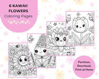 6 Pagine da colorare di fiori kawaii / Libro da colorare kawaii / Pagine kawaii carine / Pagine da colorare floreali / Attività floreali / Pagine da colorare per bambini