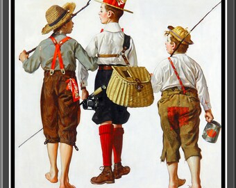 2 Norman Rockwell Before and after fishing trip Large Refrigerator Magnets