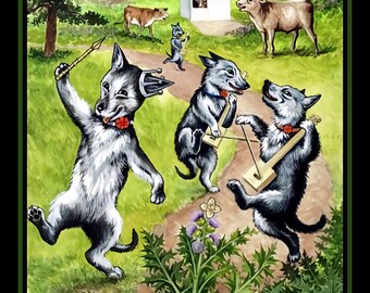 Louis Wain Dancing Wolves Large Refrigerator Magnet   Free US Shipping