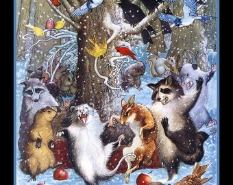 Animal's Winter in the Forest  Large Refrigerator Magnet  Free US Shipping