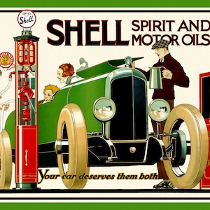 May include: Vintage Shell Oil advertisement featuring a green car, gas pumps, and people. The text reads "Shell Spirit and Motor Oils" and "Your car deserves them both." The artwork has a retro style with a green border.