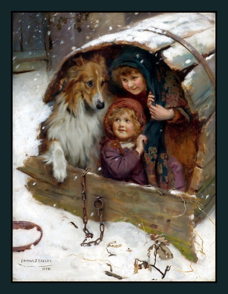 Sheltie Dog and Children Having Fun in the Snow Large Refrigerator Magnet Free US Shipping image 1