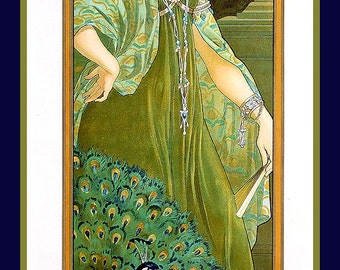 Art Nouveau Woman with Peacock Large Refrigerator Magnet Free US Shipping