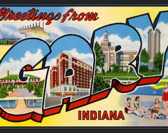 Greetings from Gary Indiana Retro Postcard Large Refrigerator Magnet  Free US Shipping