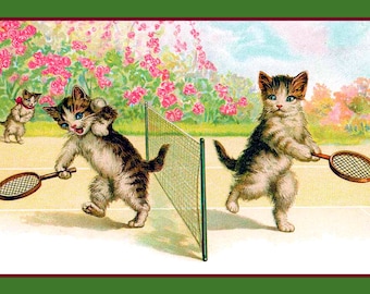 Cats Playing Tennis Large Refrigerator Magnet   Free US Shipping