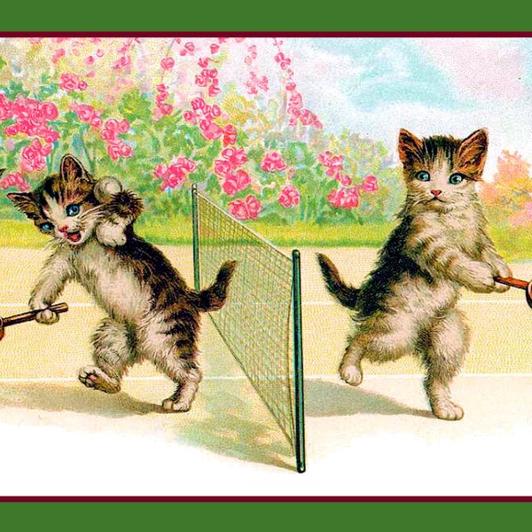 Cats Playing Tennis Large Refrigerator Magnet   Free US Shipping