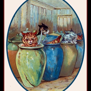 May include: An illustration of several cats peeking out of large, colorful jars. One orange tabby cat holds a knife. The jars are green, blue, and tan, with lids. The background is a light blue and tan interior.