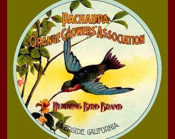 Hummingbird Riverside Crate Label  Large Refrigerator Magnet  Free US Shipping