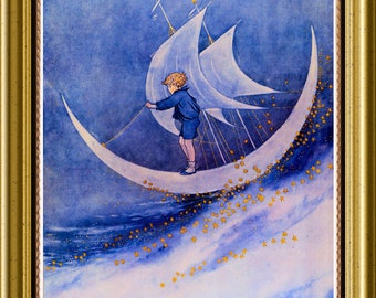 Boy Sailing Crescent Moon Large Refrigerator Magnet Ida Outhwaite Free US Shipping