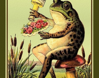 Frog and Flower Bouquet Large   Large Refrigerator Magnet  Free US Shipping