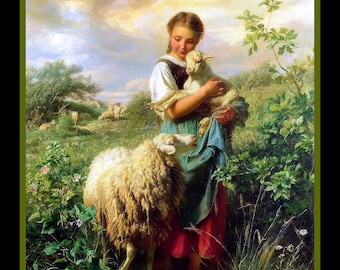 Shepherdess with Sheep and Lamb  Large Refrigerator Magnet  Free US Shipping