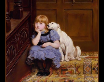 Little Girl and Comforting Dog on Stairway Large Refrigerator Magnet Free US Shipping