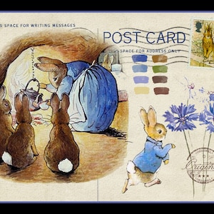 May include: Vintage postcard featuring illustrations of rabbits in a whimsical scene. The postcard includes the text "POST CARD" and "THIS SPACE FOR WRITING MESSAGES". The illustrations depict rabbits in various activities, with blue and brown color tones.