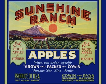 Sunshine Ranch Wapato Apple Label  Large Refrigerator Magnet  Free US Shipping