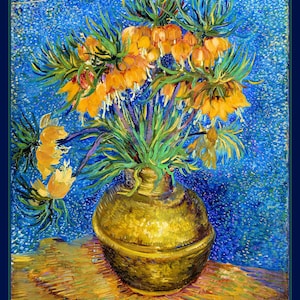 May include: A vibrant painting of a bouquet of orange and yellow flowers in a gold vase. The flowers have green stems and leaves. The background is a textured blue with a dark blue border. The painting is signed in the upper left corner.