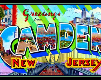 Greetings from Camden New Jersey Vintage Postcard Large Refrigerator Magnet