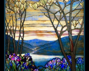 Magnolia and Irises Stained Glass Window Large Refrigerator Magnet Free US Shipping