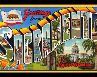 Greetings from Sacramento California Retro Large Refrigerator Magnet  Free US Shipping