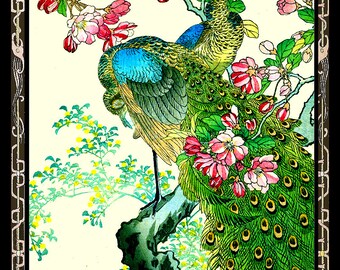 Japanese Crabapple Tree and Peacock  Large Refrigerator Magnet  Free US Shipping