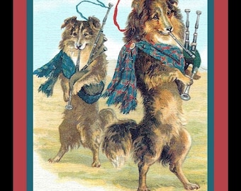 Two Sheltie Dogs Playing Bagpipes Christmas Large Refrigerator Magnet   Free U.S. Shipping