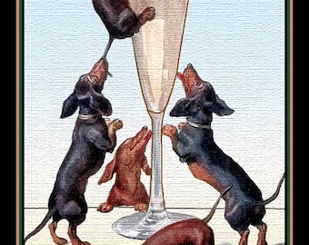 Dachshunds Drinking from Glass of Champagne Large Refrigerator Magnet   Free US Shipping