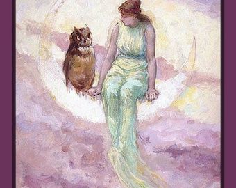 Lady on the Moon with an Owl Large Refrigerator Magnet Free US Shipping