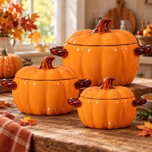 May include: A set of three orange ceramic pumpkin-shaped lidded pots with dark brown stems and side handles. The pots vary in size, each featuring a ribbed exterior design that mimics the appearance of a pumpkin, complete with a matching lid.