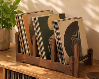 Vintage Wooden Record Holder, Vinyl Record Storage Stand, Portable CD Display Rack, Wood Iron Album Organizer