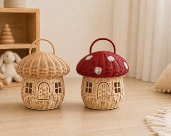 Cestino portaoggetti a forma di fungo in rattan fatto a mano, organizer intrecciato per bambini, decorazione boho per la casa, contenitore per giocattoli in vimini naturale, accessorio stravagante per la stanza