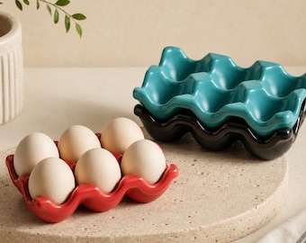 Bandeja de cerámica para huevos, estante colorido para almacenar huevos, organizador de huevos para encimera de cocina, bandeja para huevos estilo rústico, decoración moderna para refrigerador