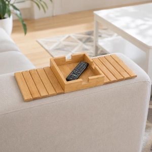 Wood armrest tray, adjustable sofa arm table, couch cup holder, natural bamboo drink coaster, space-saving couch accessory, home decor