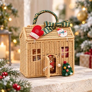 Könnte beinhalten: Ein geflochtener Korb in Hausform mit einem grünen und goldenen Rautenband als Griff. Der Korb hat eine kleine offene Tür, die einen Plüschbären zeigt, sowie ein rotes Filzhandschuh-Ornament, einen Schneemann-Anhänger und einen grünen Filz-Tannenbaum.