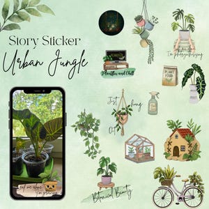 Könnte beinhalten: Eine Sammlung digitaler Sticker zum Thema Urban Jungle. Die Sticker zeigen Topfpflanzen, ein Gewächshaus, ein Fahrrad mit Pflanzenkorb und Text wie "Story Sticker Urban Jungle", "Plantflix and Chill" und "Botanical Beauty".