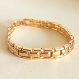 Bracciale Signorina, bracciale in oro giallo, maglie da orologio vintage anni '80, bracciale vistoso con mattoncini dorati, gioielli Salesole